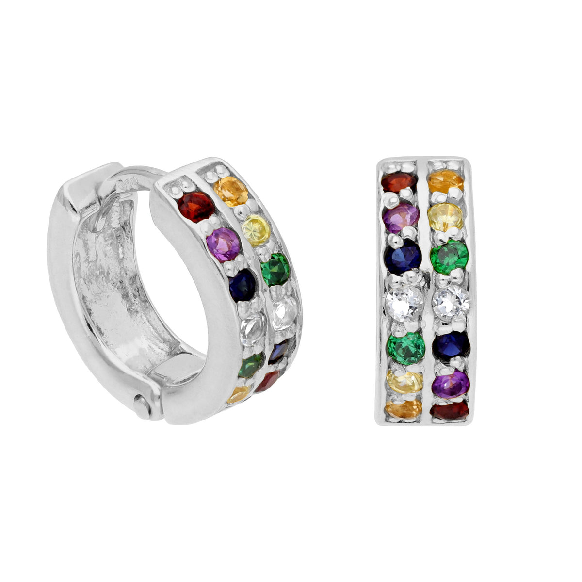 Boucles d'oreilles créoles en argent sterling à double canal et zircones cubiques arc-en-ciel de 12 mm