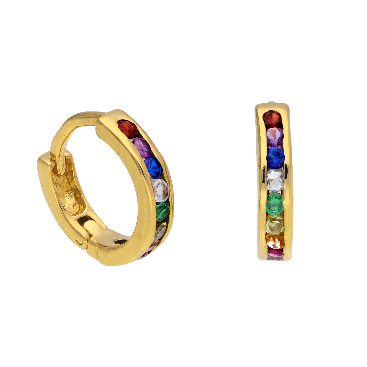 Boucles d'oreilles Huggie en argent sterling plaqué or avec zircones cubiques arc-en-ciel de 14 mm