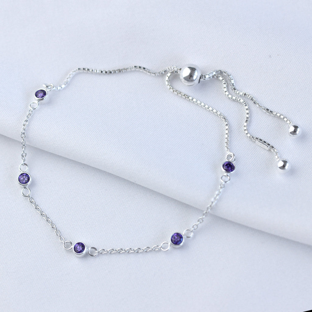Bracelet réglable en argent sterling avec plusieurs améthystes et zircones cubiques