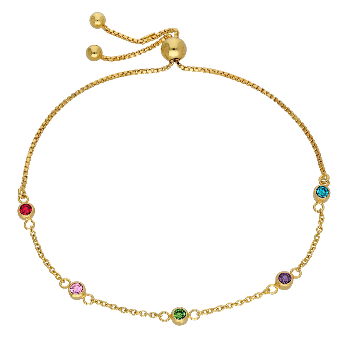 Bracelet réglable en argent sterling plaqué or avec plusieurs zircones cubiques arc-en-ciel