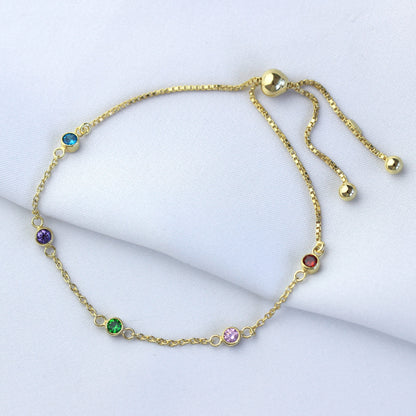 Bracelet réglable en argent sterling plaqué or avec plusieurs zircones cubiques arc-en-ciel