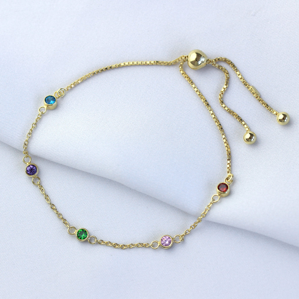 Bracelet réglable en argent sterling plaqué or avec plusieurs zircones cubiques arc-en-ciel