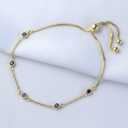 Bracelet réglable en argent sterling plaqué or avec améthyste et zircone cubique