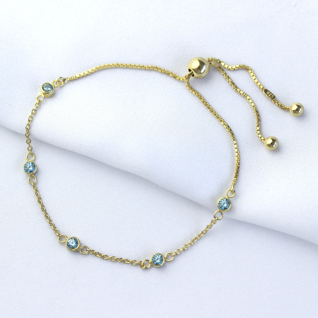 Bracelet réglable en argent sterling plaqué or avec aigue-marine et zircone cubique