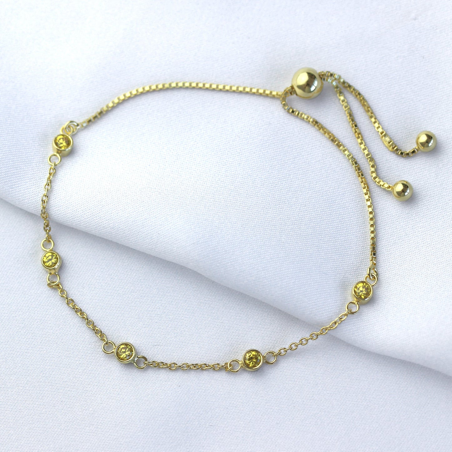Bracelet réglable en argent sterling plaqué or avec citrine et zircone cubique