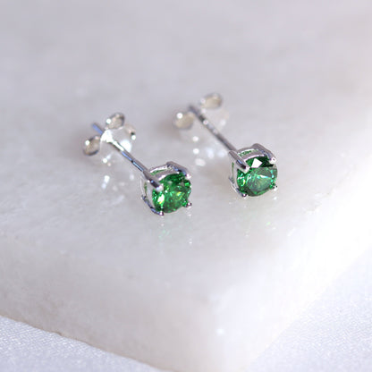 Boucles d'oreilles à tige en argent sterling avec émeraude et zircone cubique, pierre de naissance du mois de mai, 4 mm