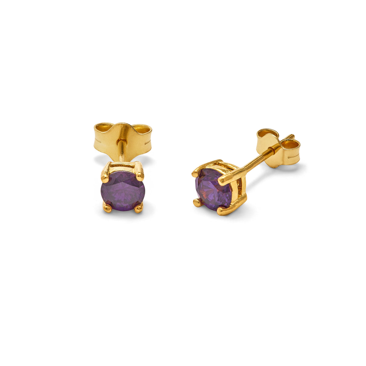 Boucles d'oreilles à tige en argent sterling plaqué or avec améthyste et zircone cubique de 4 mm