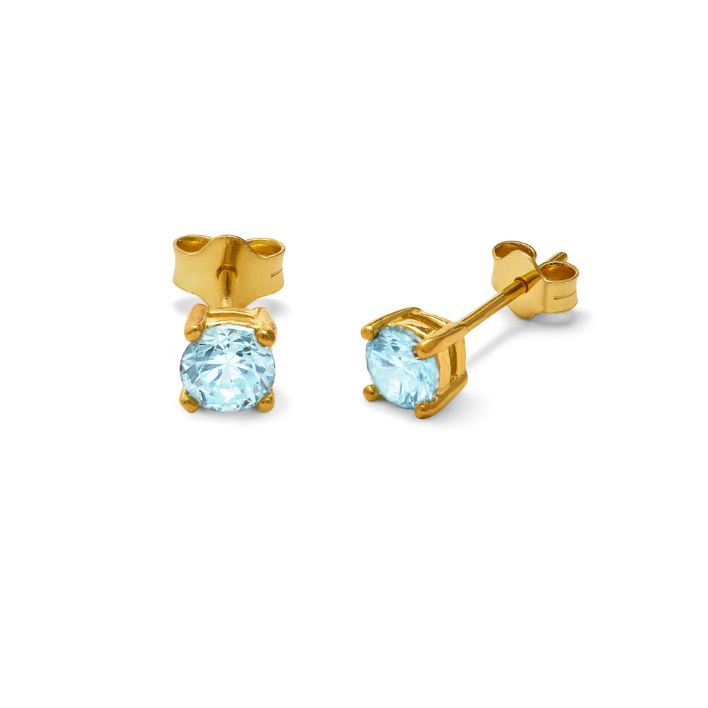 Boucles d'oreilles à tige en argent sterling plaqué or avec aigue-marine et zircone cubique de 4 mm