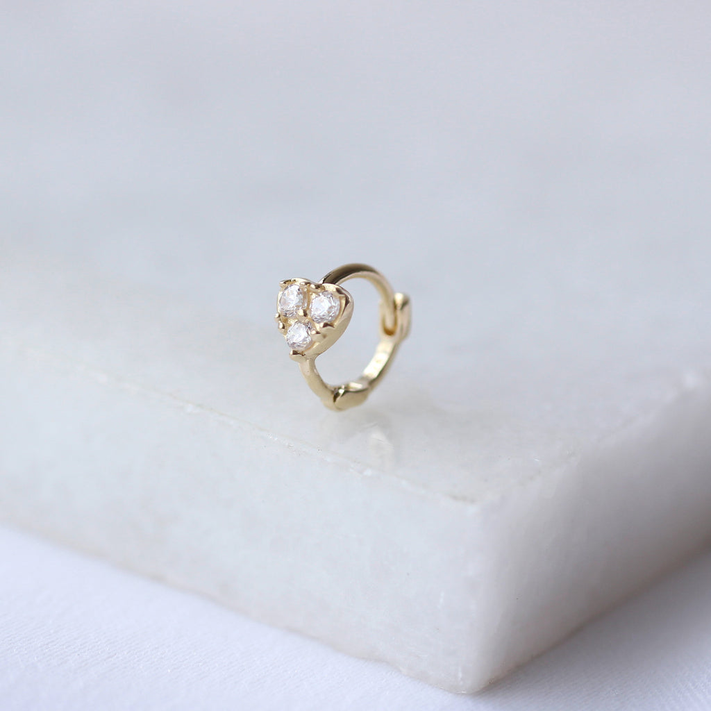 Piercing créole hélix en or 9 carats avec petit cœur en zircone cubique de 7 mm, calibre 26