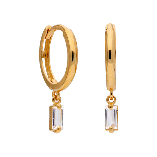 Boucles d'oreilles créoles Huggie 12 mm en or 9 carats avec breloque baguette en zircone cubique