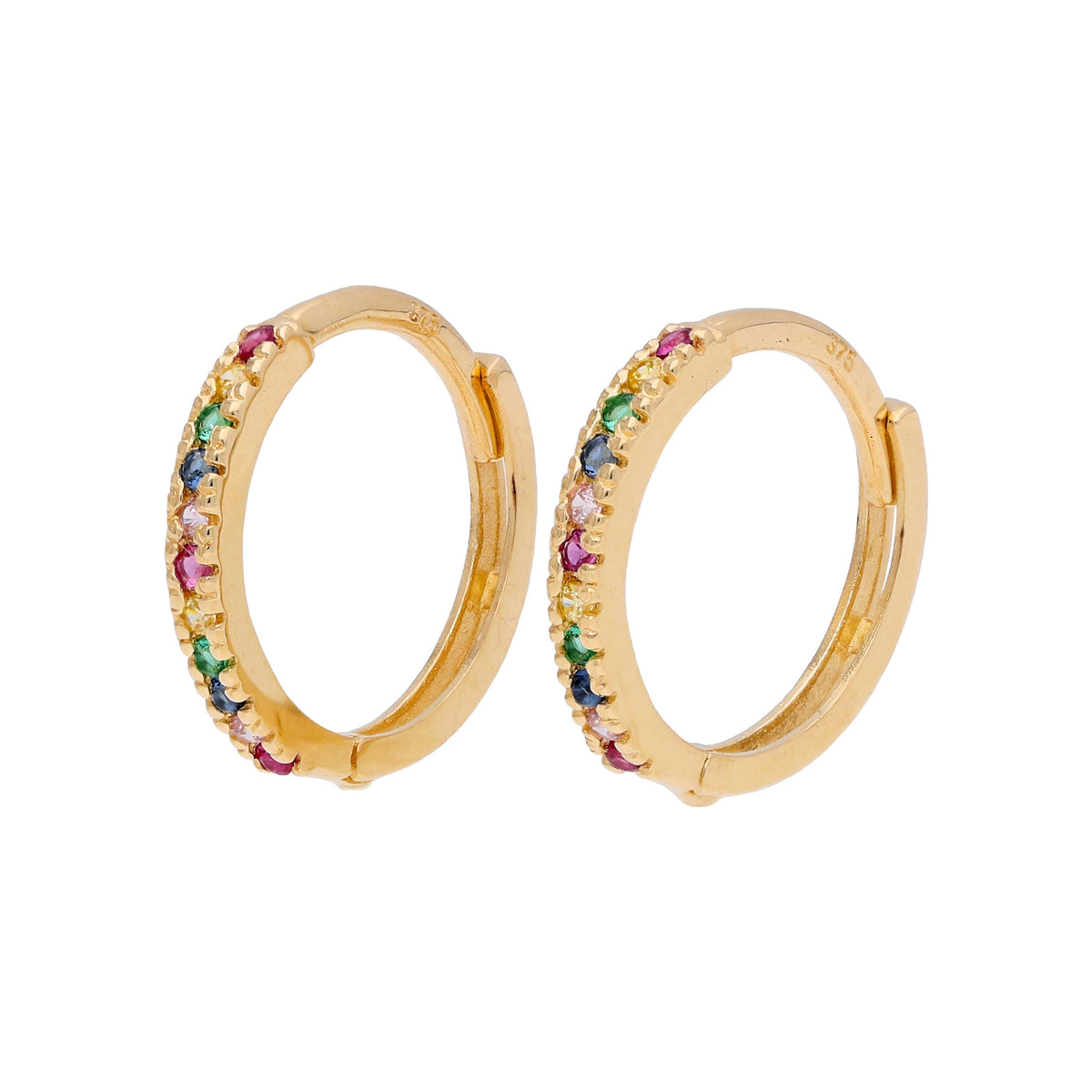 Boucles d'oreilles créoles Huggie 12 mm en or 9 carats avec zircones cubiques arc-en-ciel