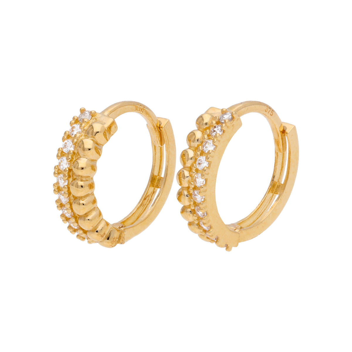 Boucles d'oreilles créoles en or 9 carats avec perles et pavé de zircones cubiques de 13 mm