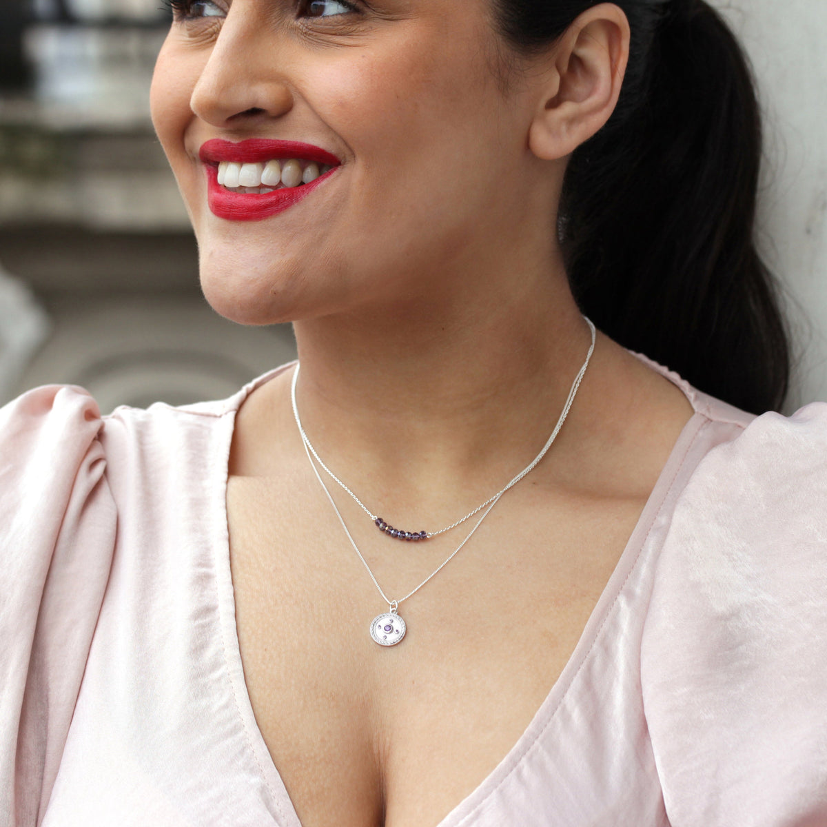 Collier médaillon en argent sterling avec améthyste et zircone cubique, 35 à 81 cm