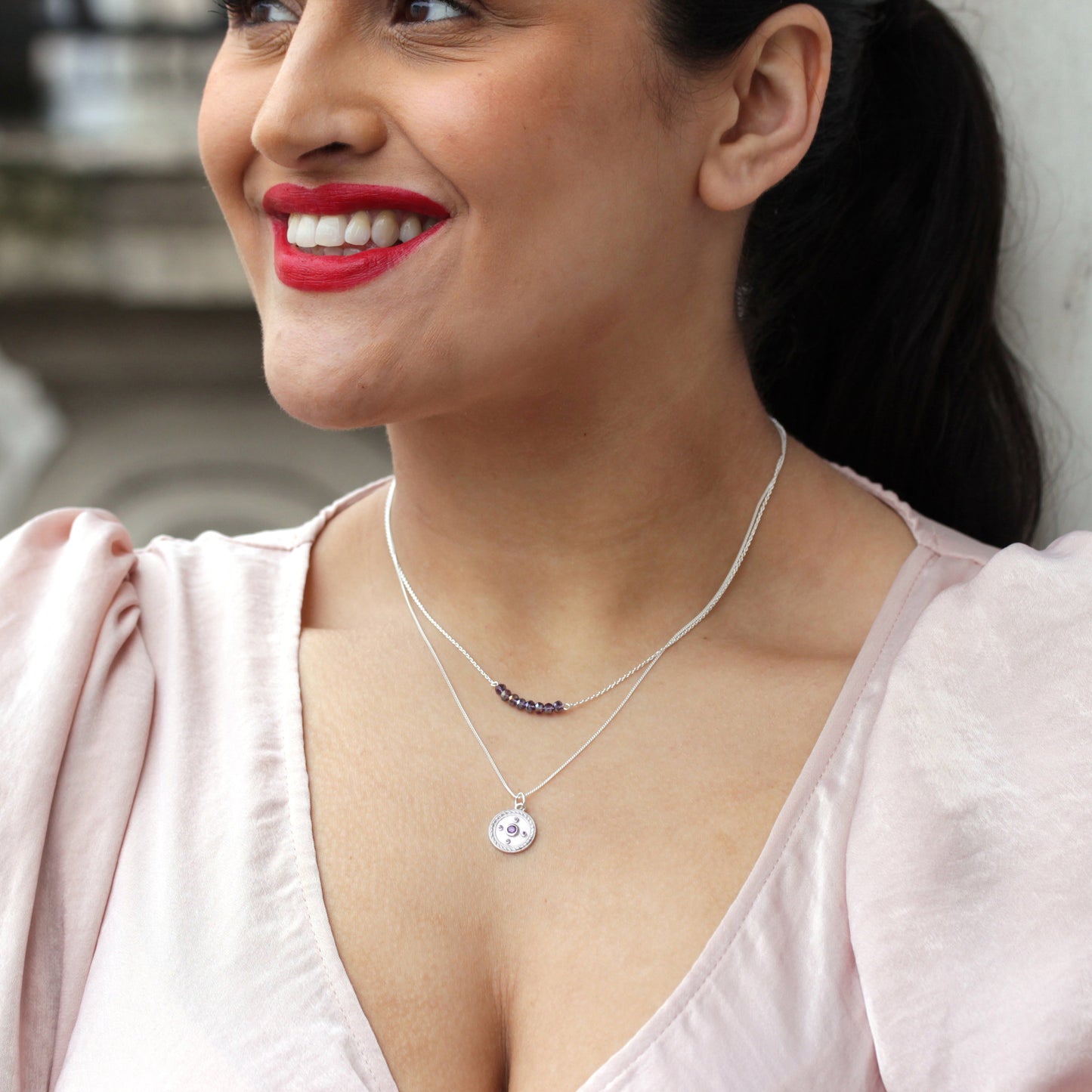 Collier médaillon en argent sterling avec améthyste et zircone cubique, 35 à 81 cm