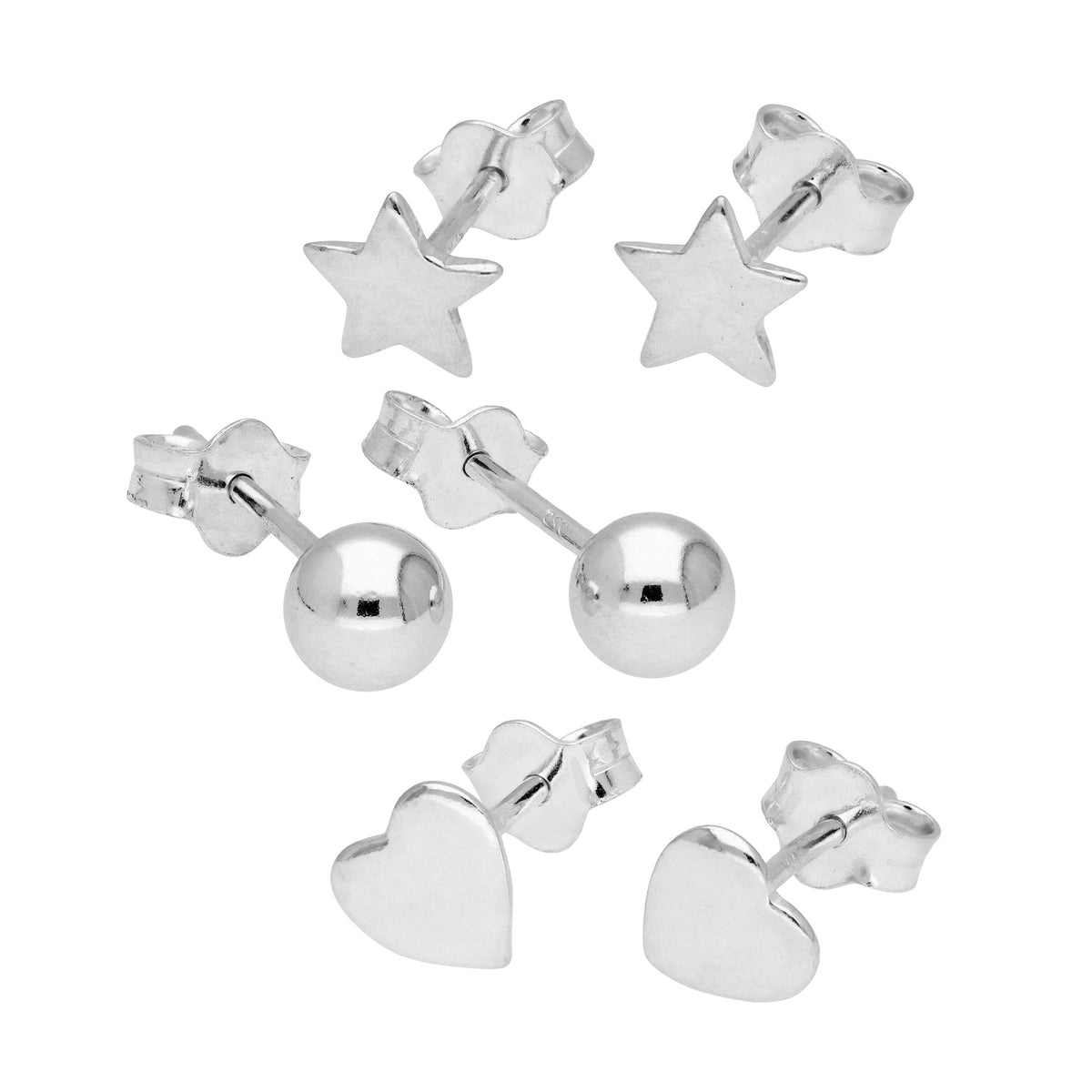 Lot de 3 boucles d'oreilles à tige mixtes en argent sterling, cœur, étoile et boule