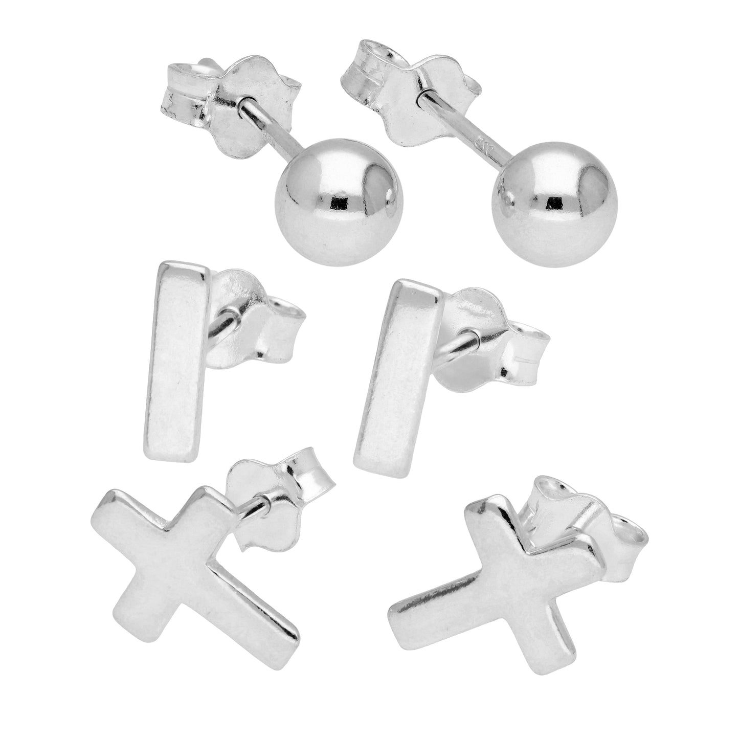 Lot de 3 boucles d'oreilles à tige mixtes en argent sterling avec barre transversale et boule