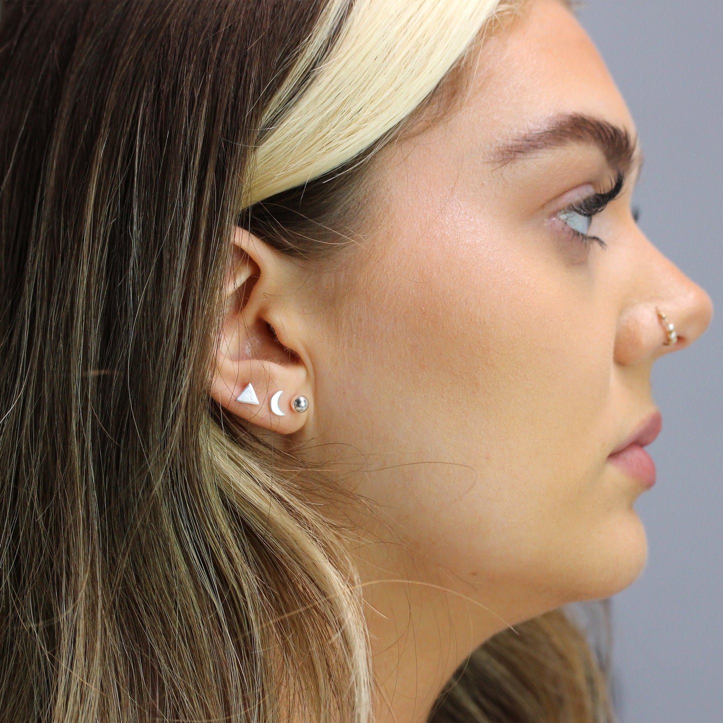 Lot de 3 boucles d'oreilles à tige mixtes en argent sterling avec triangles et boules de lune