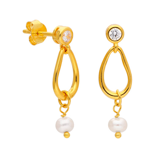 Boucles d'oreilles pendantes en argent sterling plaqué or avec perles et zircones cubiques