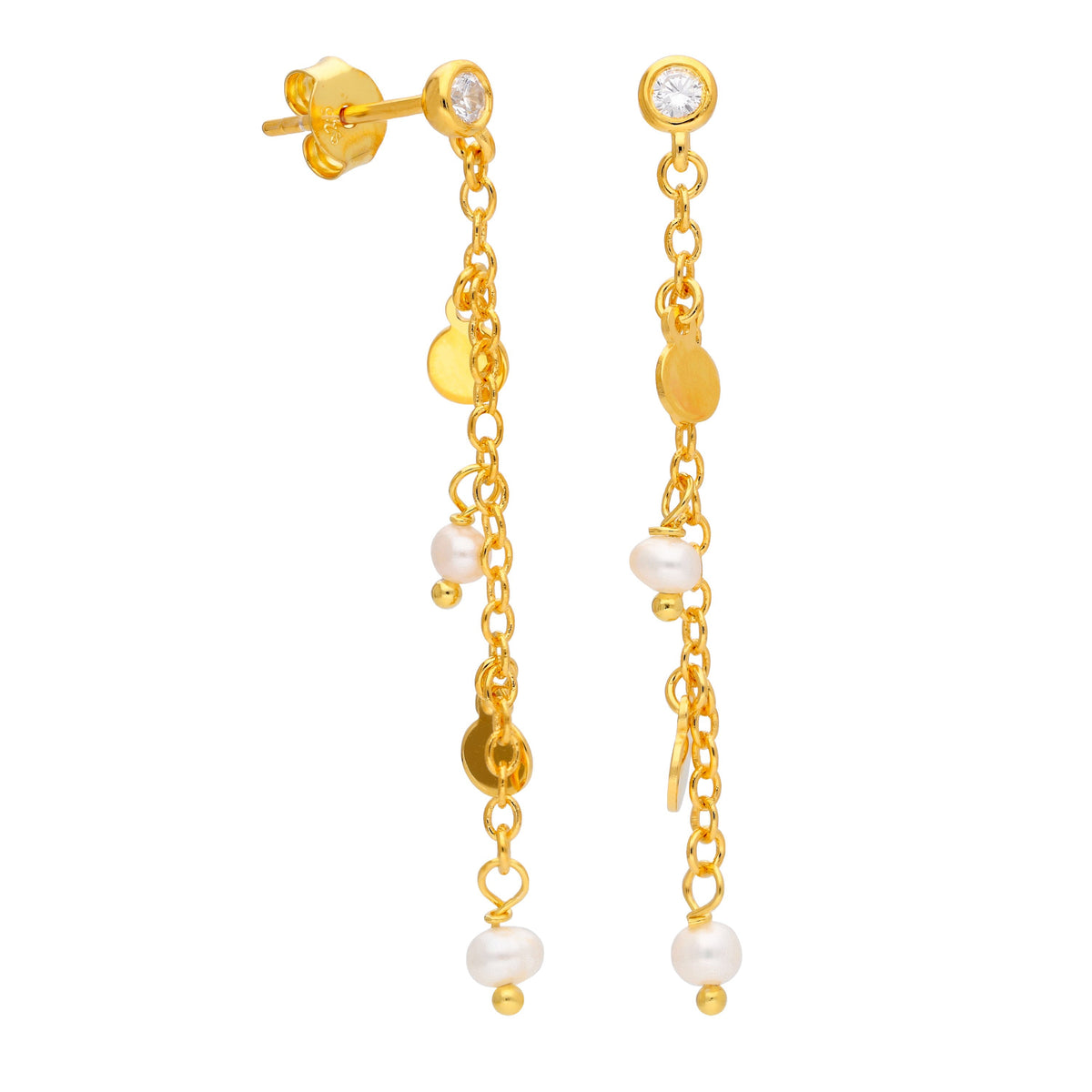 Boucles d'oreilles à tige en argent sterling plaqué or avec perles et zircones cubiques