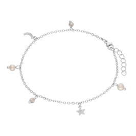 Bracelet en argent sterling avec breloque perle d'eau douce et zircone cubique, étoile et lune