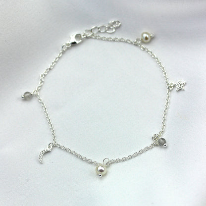 Bracelet en argent sterling avec breloque perle d'eau douce et zircone cubique, étoile et lune