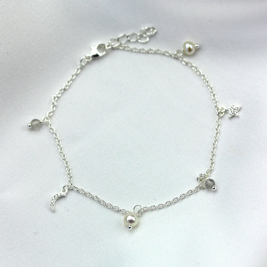 Bracelet en argent sterling avec breloque perle d'eau douce et zircone cubique, étoile et lune