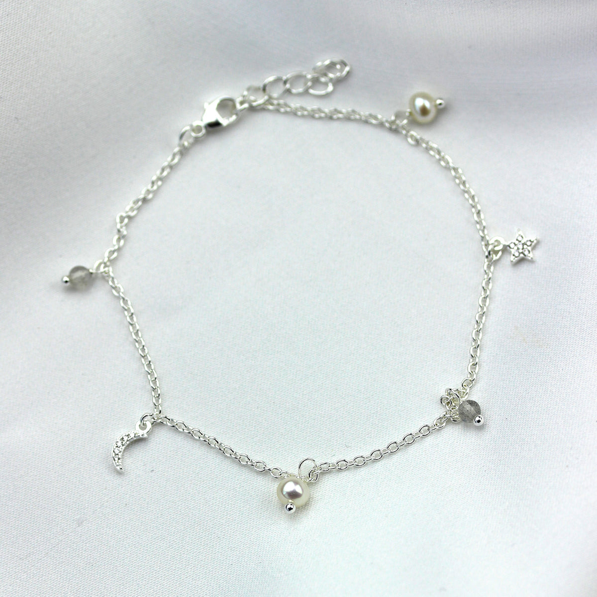 Bracelet en argent sterling avec breloque perle d'eau douce et zircone cubique, étoile et lune