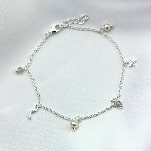 Bracelet en argent sterling avec breloque perle d'eau douce et zircone cubique, étoile et lune