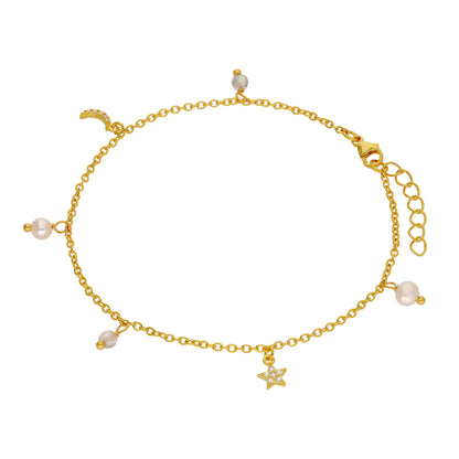 Bracelet étoile lune en argent sterling plaqué or avec perles d'eau douce et zircones cubiques