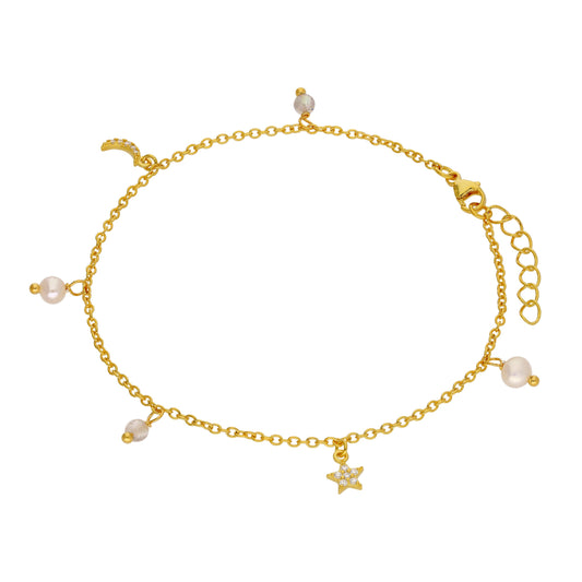 Bracelet étoile lune en argent sterling plaqué or avec perles d'eau douce et zircones cubiques