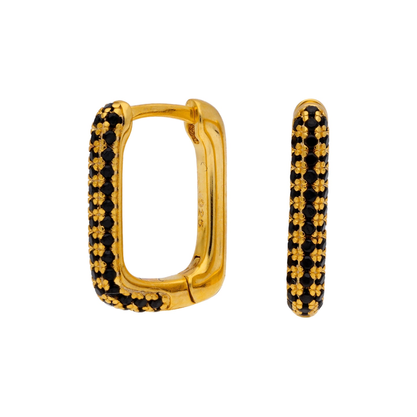 Boucles d'oreilles créoles ovales en argent sterling plaqué or avec zircones cubiques noires de 15 mm