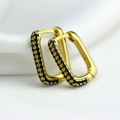 Boucles d'oreilles créoles ovales en argent sterling plaqué or avec zircones cubiques noires de 15 mm