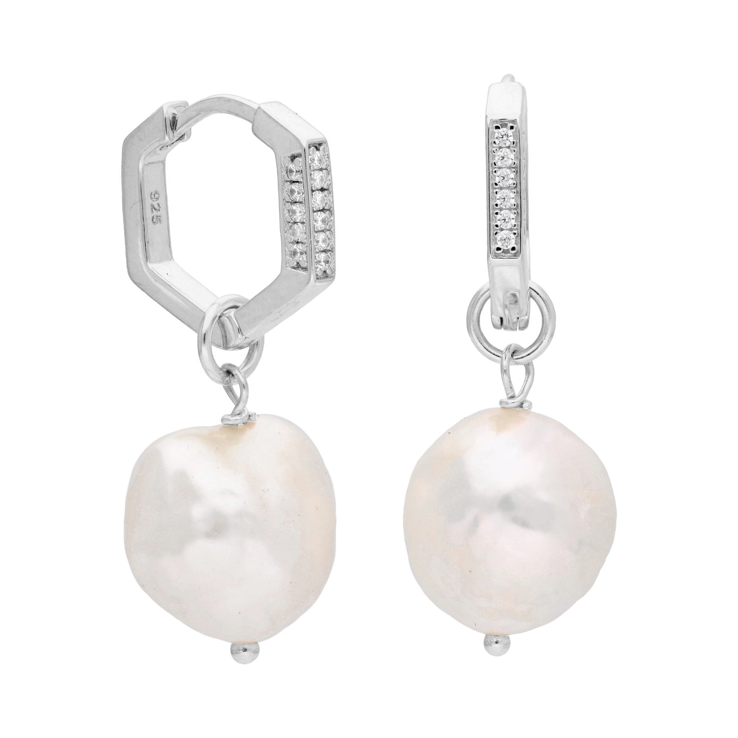 Boucles d'oreilles créoles pentagonales en argent sterling avec perle et zircone cubique de 14 mm