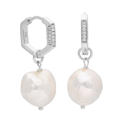 Boucles d'oreilles créoles pentagonales en argent sterling avec perle et zircone cubique de 14 mm