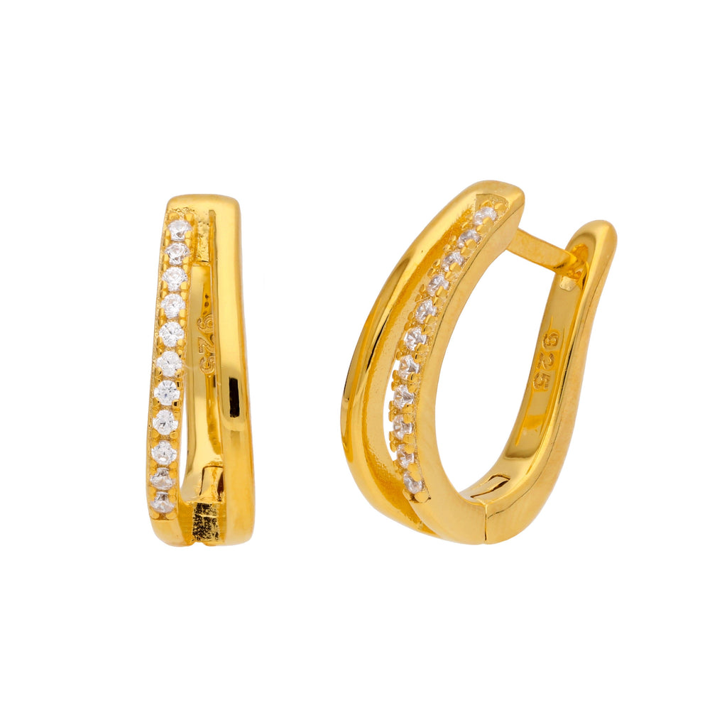 Boucles d'oreilles créoles en argent sterling plaqué or avec double pavé ovale en oxyde de zirconium