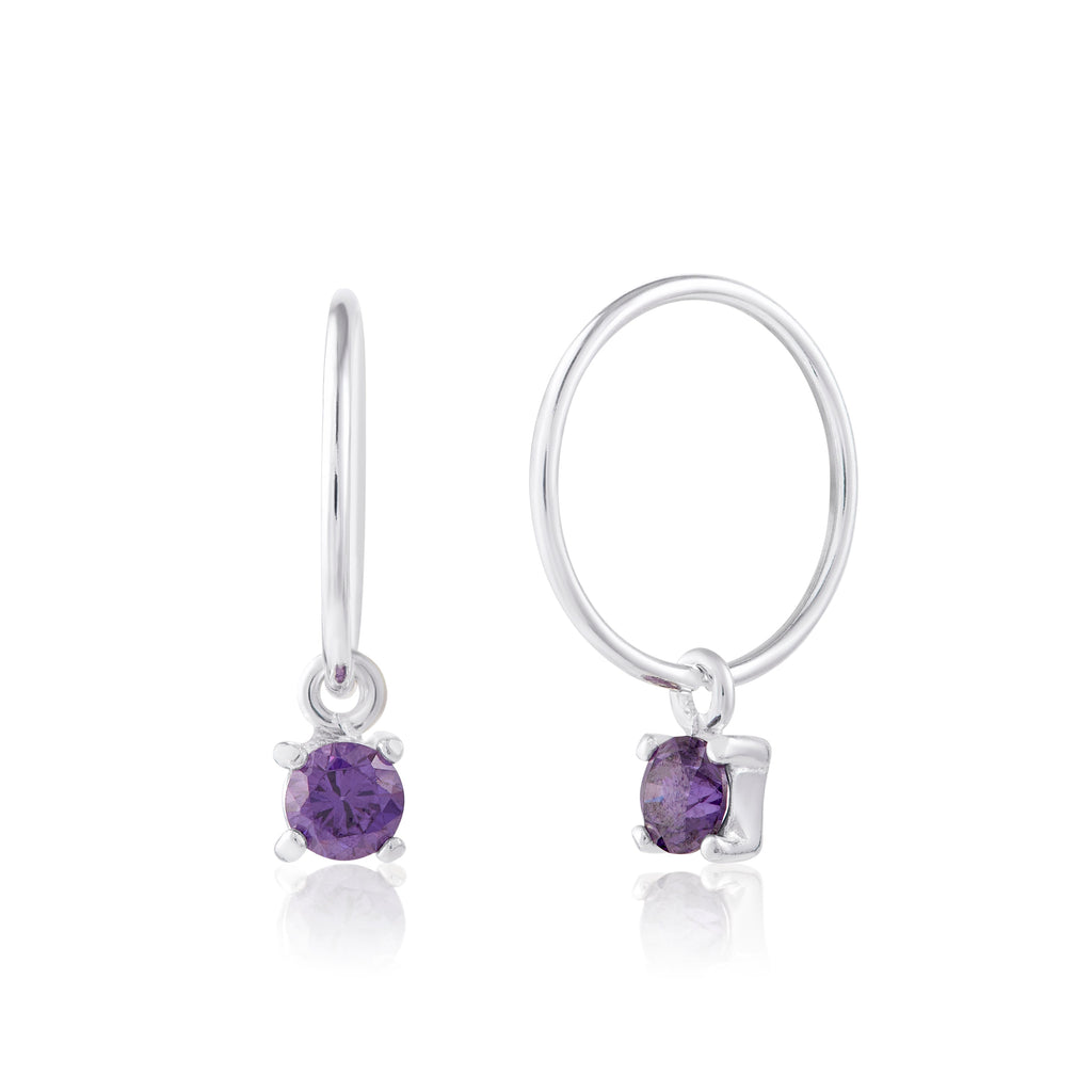 Boucles d'oreilles créoles en argent sterling avec améthyste et zircone cubique, 12 mm, février