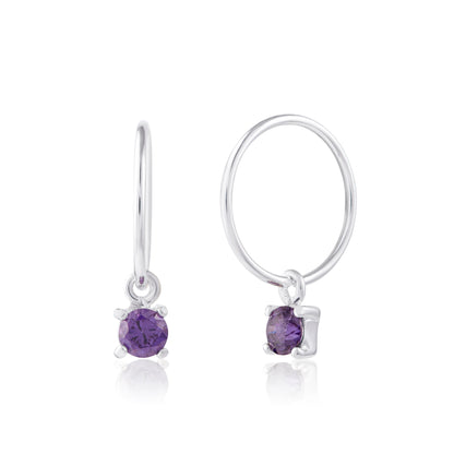 Boucles d'oreilles créoles en argent sterling avec améthyste et zircone cubique, 12 mm, février