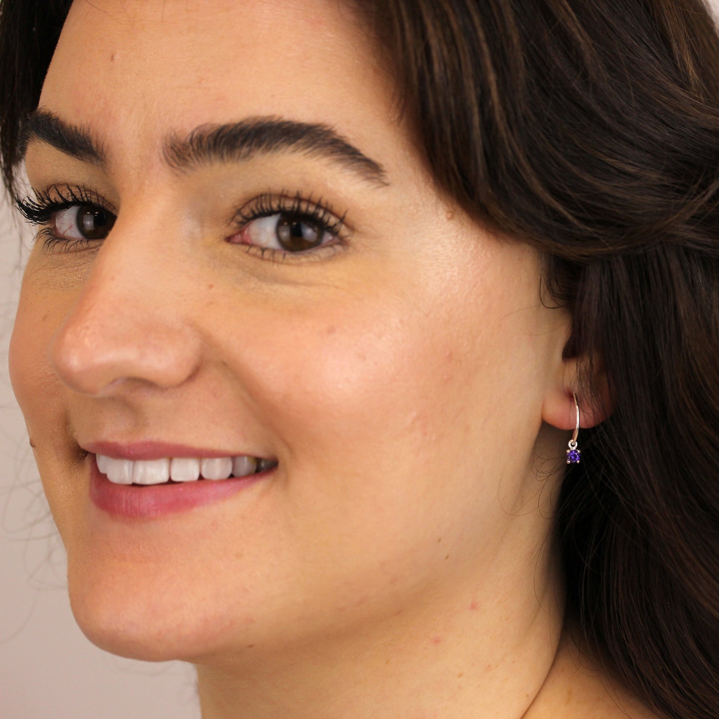 Boucles d'oreilles créoles en argent sterling avec améthyste et zircone cubique, 12 mm, février