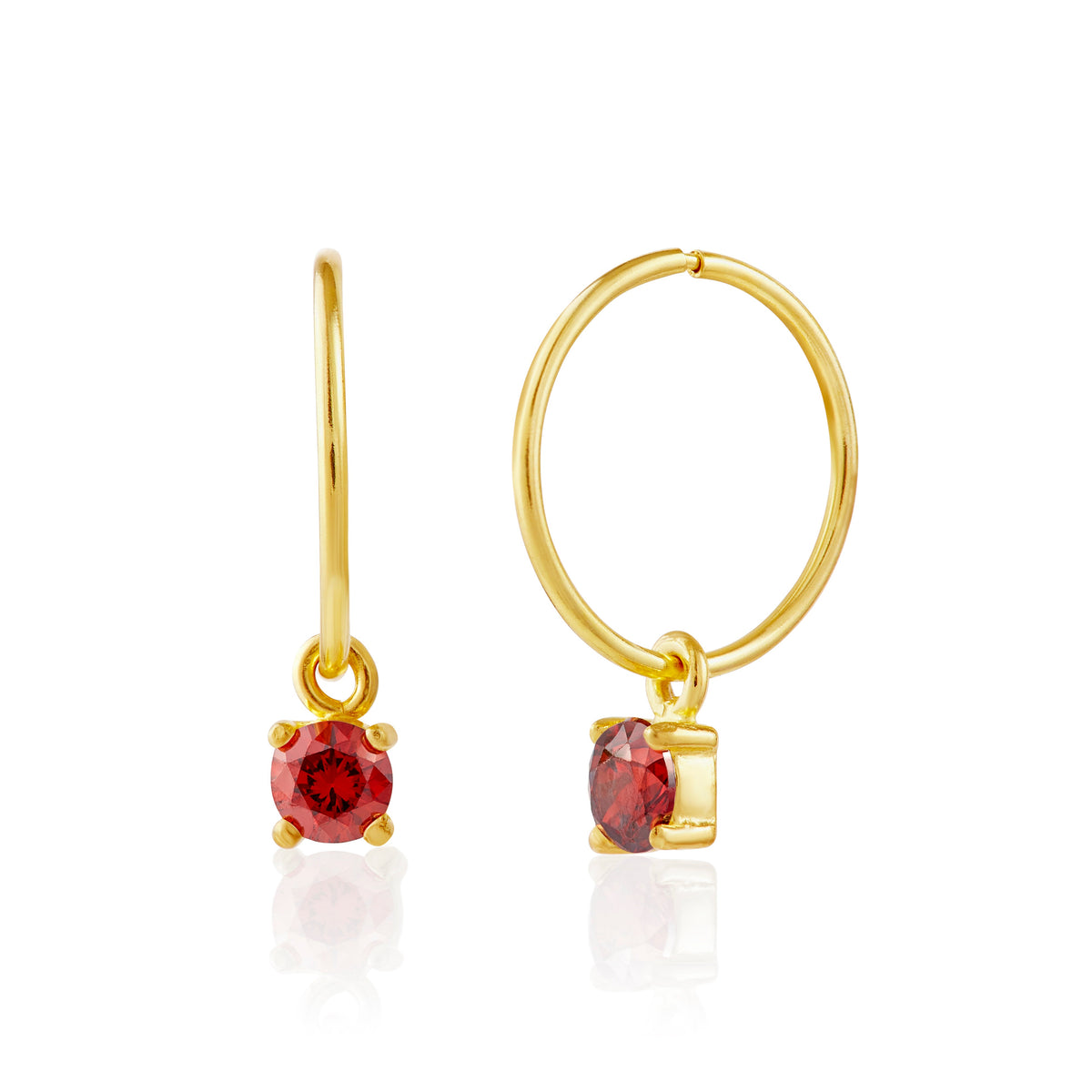 Boucles d'oreilles créoles en argent sterling plaqué or avec grenat et zircone cubique de 12 mm