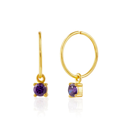 Boucles d'oreilles créoles en argent sterling plaqué or avec améthyste et zircone cubique de 12 mm