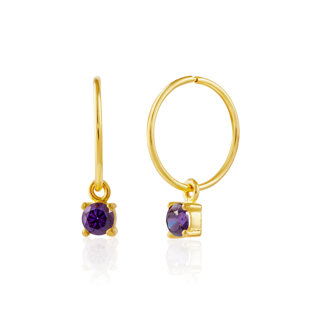 Boucles d'oreilles créoles en argent sterling plaqué or avec améthyste et zircone cubique de 12 mm
