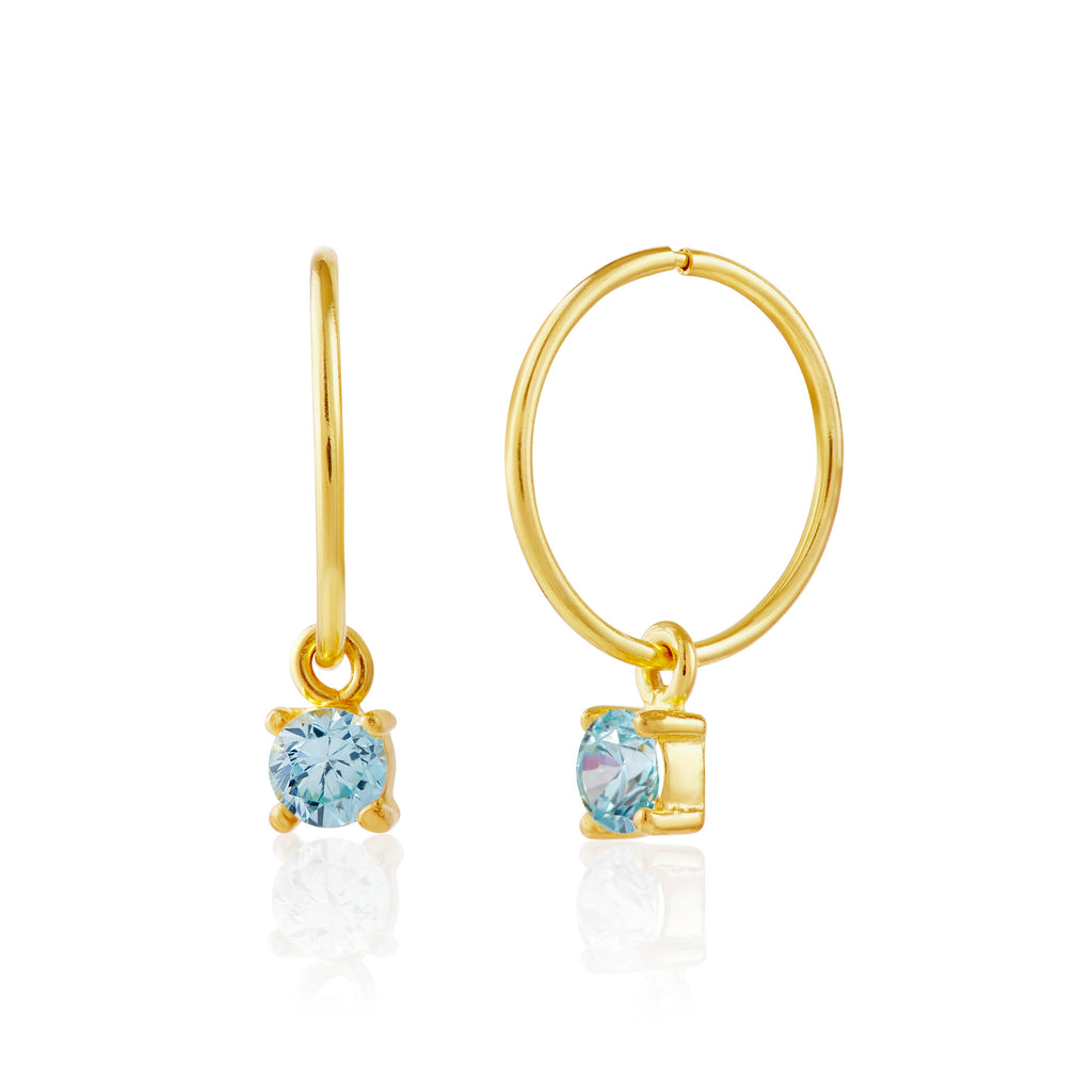 Boucles d'oreilles créoles en argent sterling plaqué or avec aigue-marine et zircone cubique de 12 mm