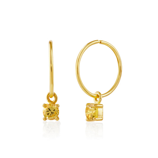 Boucles d'oreilles créoles en argent sterling plaqué or avec citrine et zircone cubique de 12 mm
