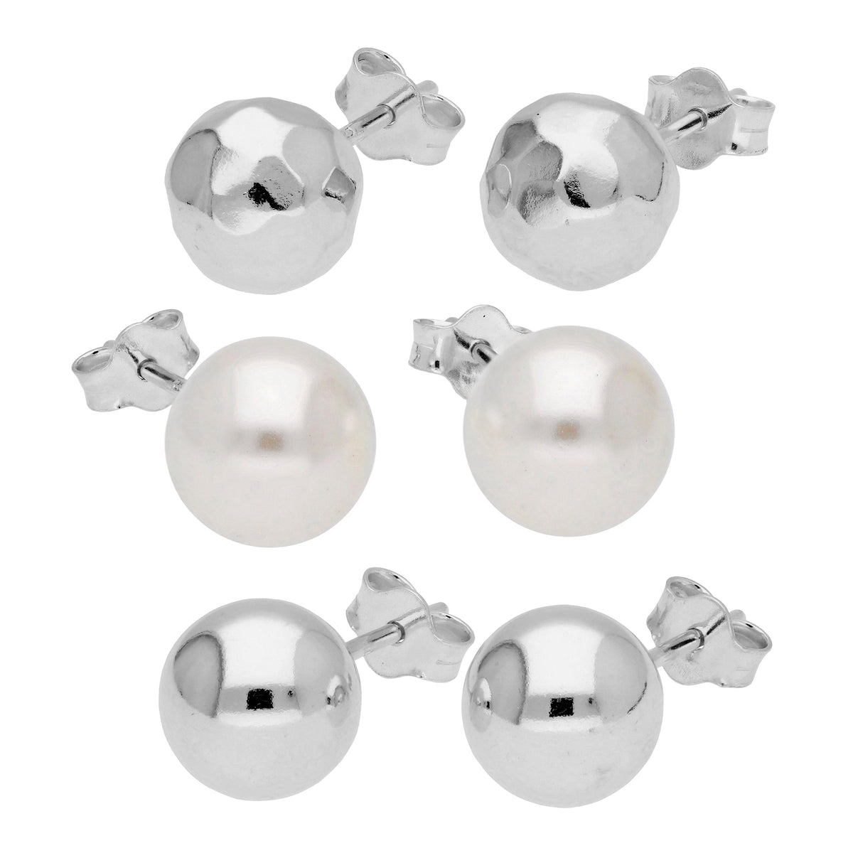 Lot de 3 boucles d'oreilles à tige en argent martelé avec perles de 8 mm