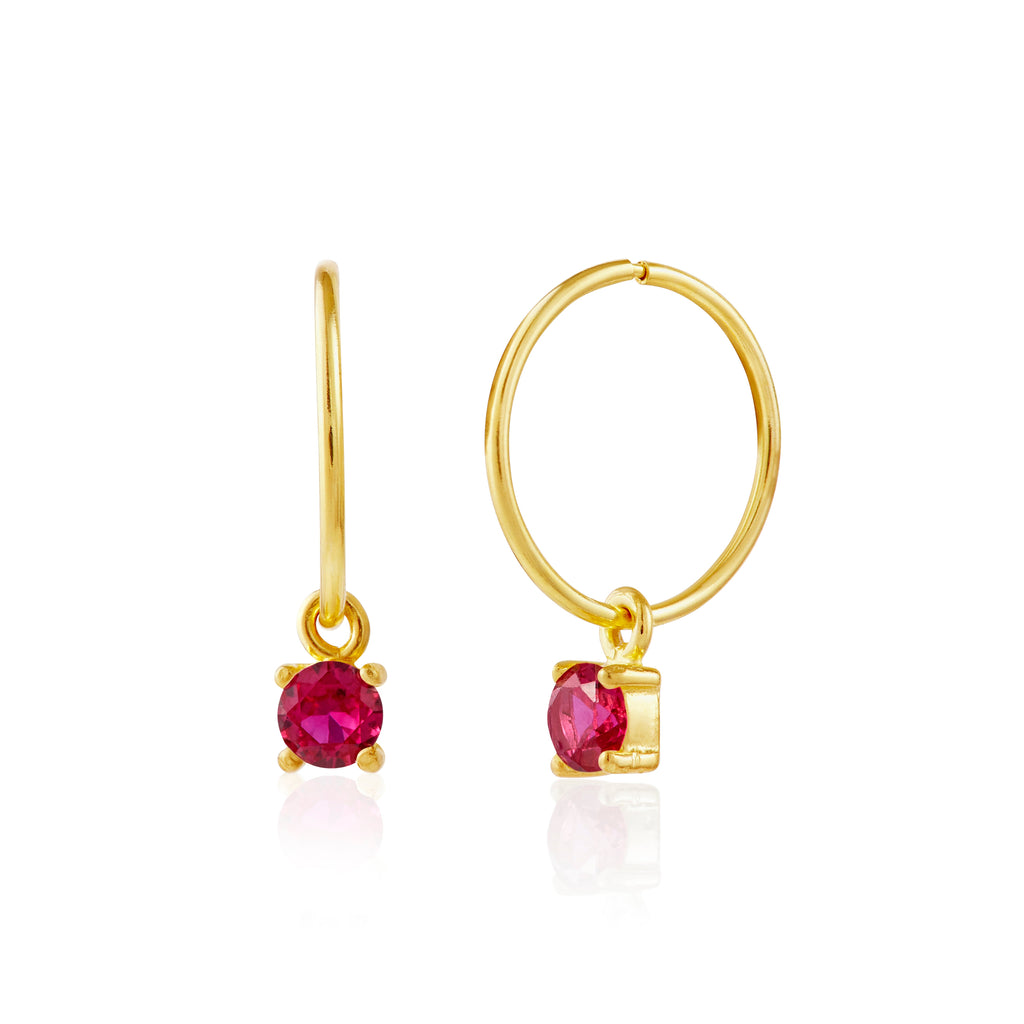 Boucles d'oreilles créoles en argent sterling plaqué or avec rubis et zircone cubique de 12 mm