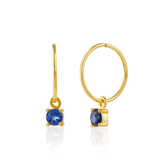 Boucles d'oreilles créoles 12 mm en argent sterling plaqué or avec saphir et zircone cubique