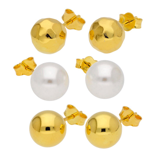 Ensemble de clous d'oreilles en argent sterling plaqué or avec perle de 8 mm et boule unie