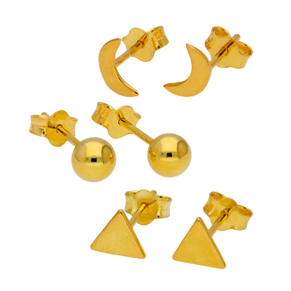 Ensemble de boucles d'oreilles à tige en argent sterling plaqué or avec boule de lune triangulaire