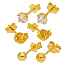 Ensemble de boucles d'oreilles à tige en argent sterling plaqué or avec nœud et boule en zircone cubique