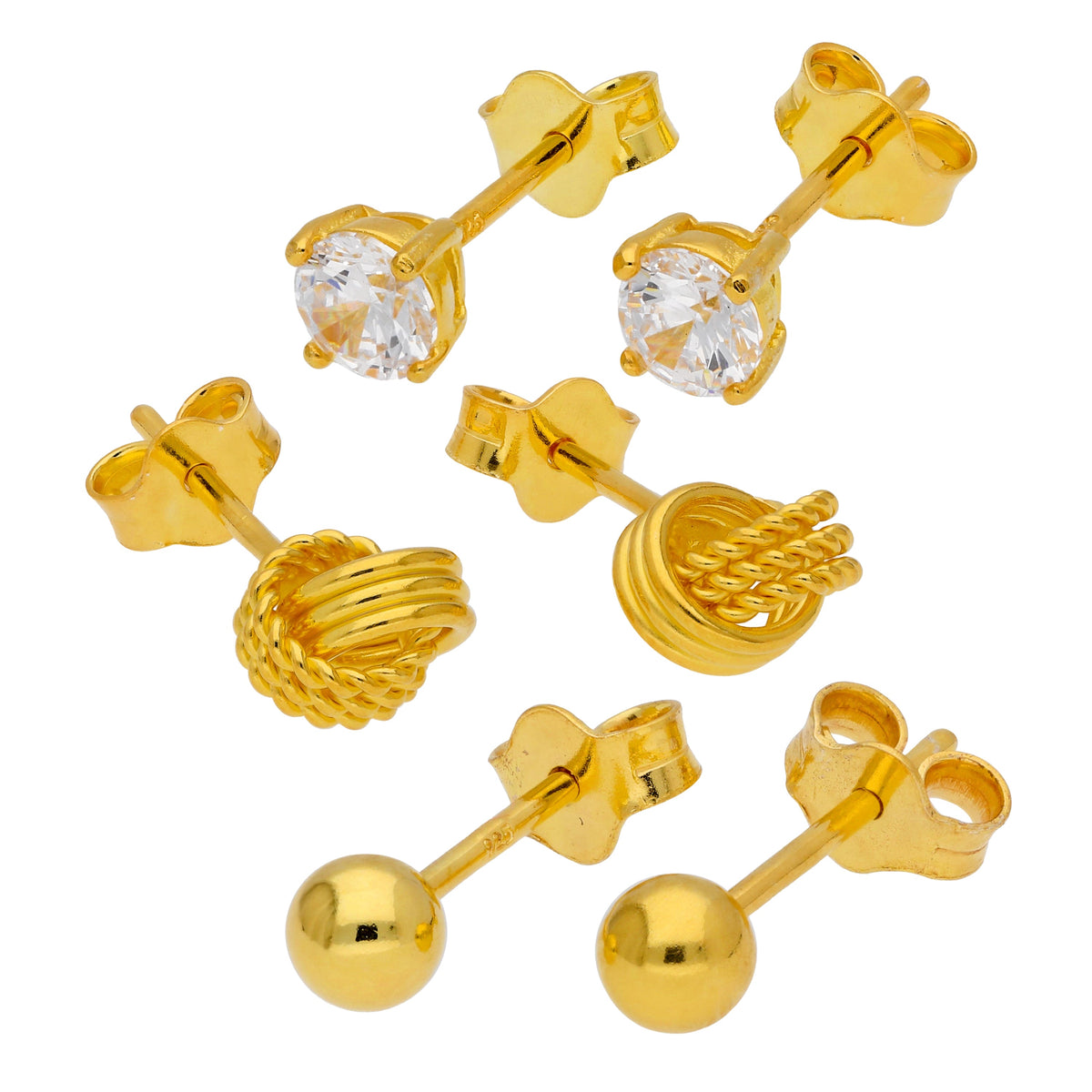 Ensemble de boucles d'oreilles à tige en argent sterling plaqué or avec nœud et boule en zircone cubique